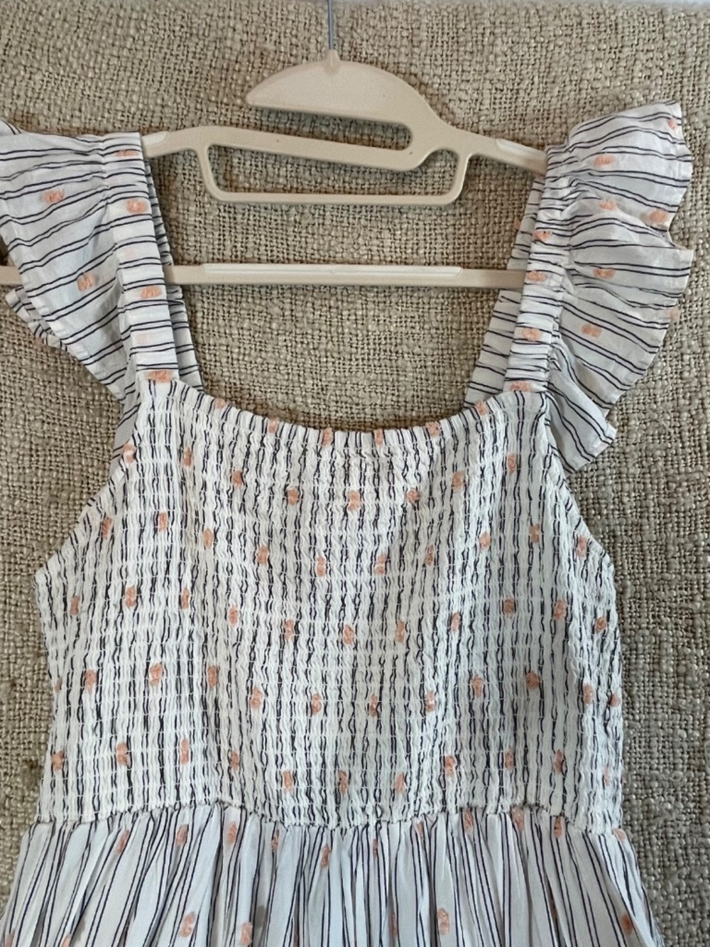LOFT Striped Peach Clip Dot Smocked Tiered Midi Dress with Pockets Size S - Picture 5 of 15